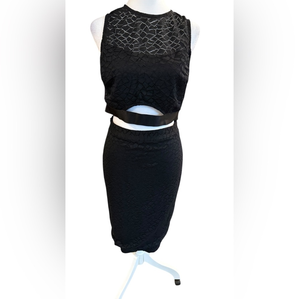 Bebe Geo Lace Crop Top Skirt Set-Black